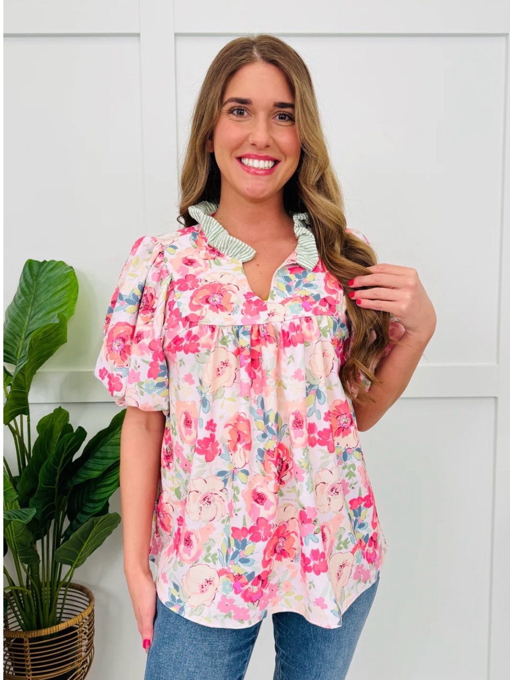 Haptics Floral Pink Ruffle-Trim Puff Sleeve Top L NEW